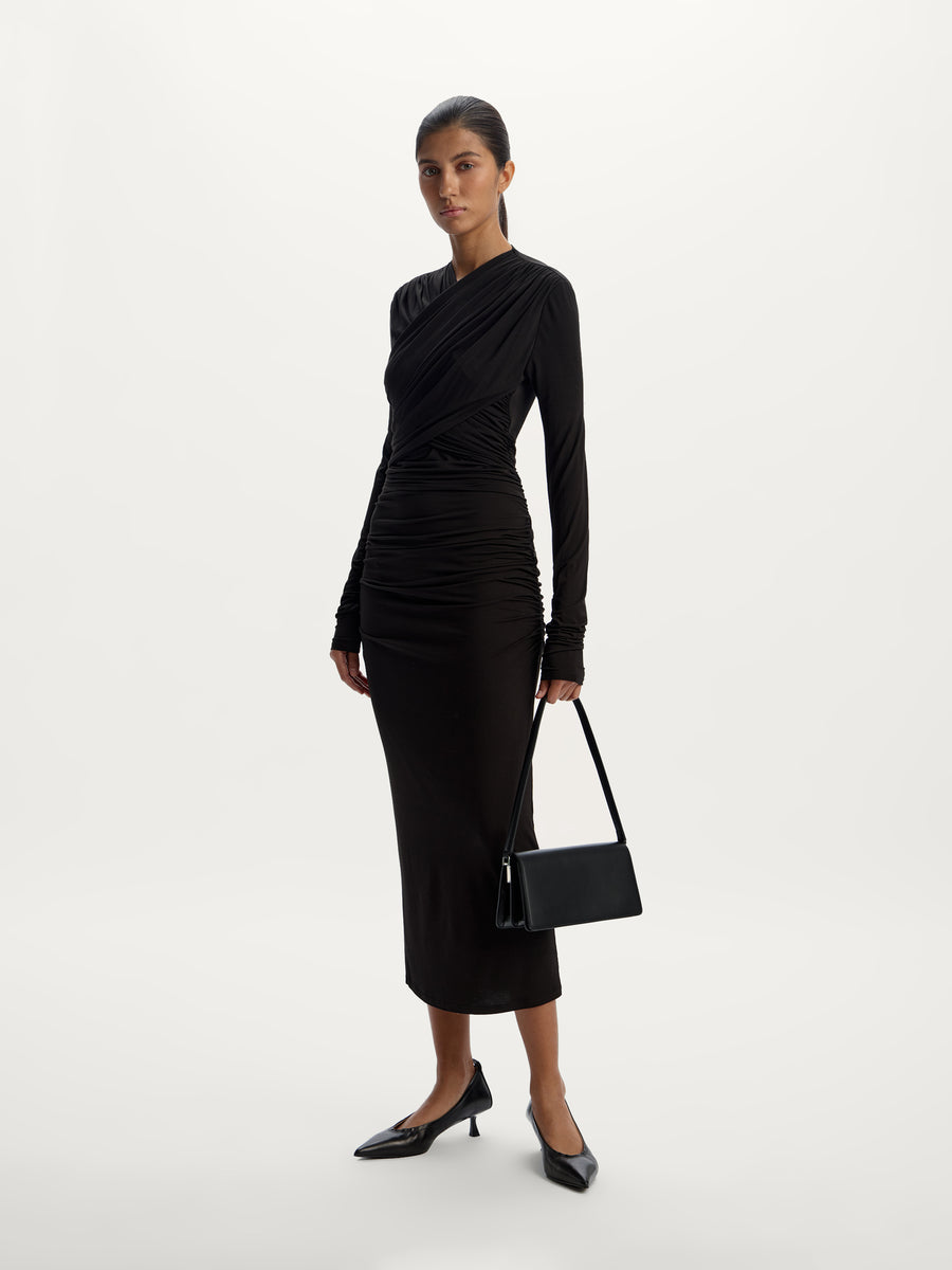 Look 1208 Long Sleeve Draped Knot Maxi Dress
