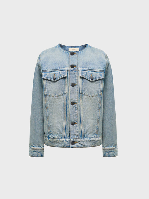 Collarless denim jacket