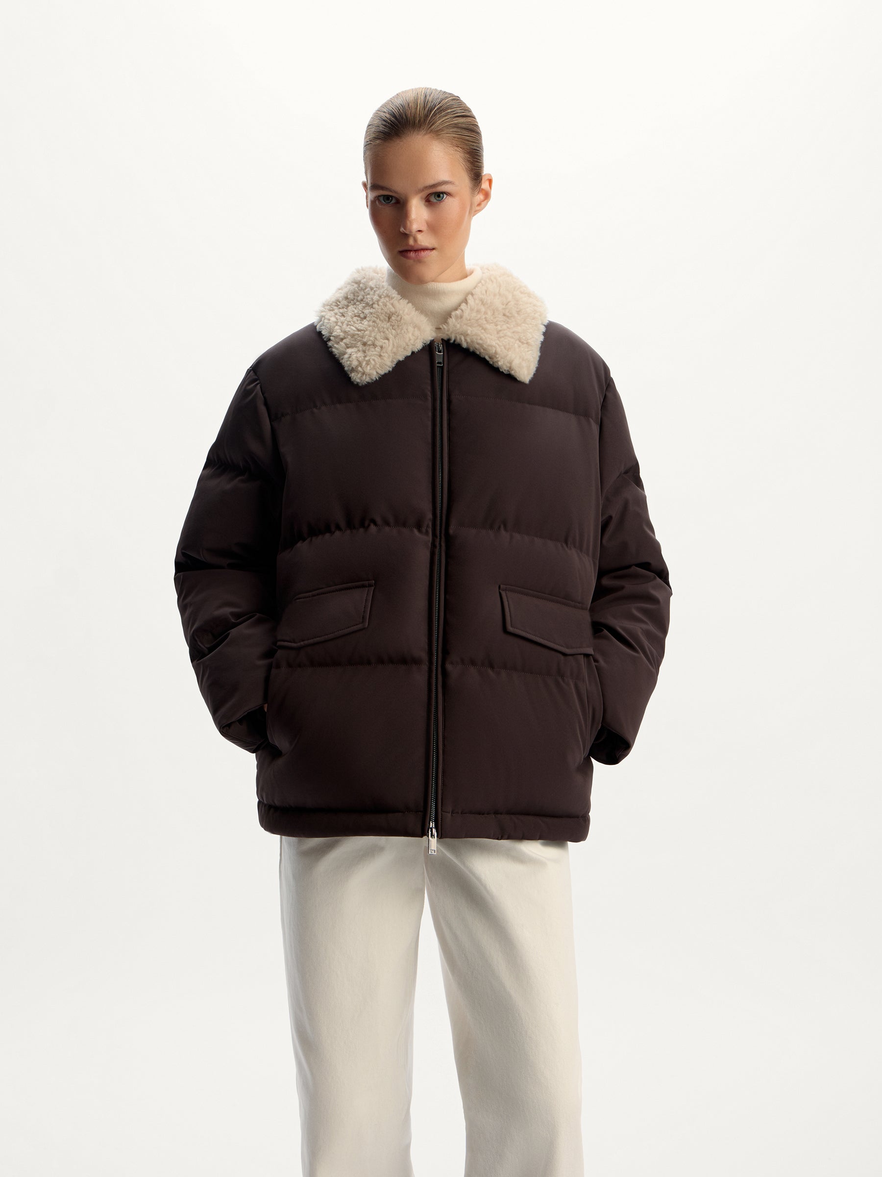 Shearling-collar down jacket