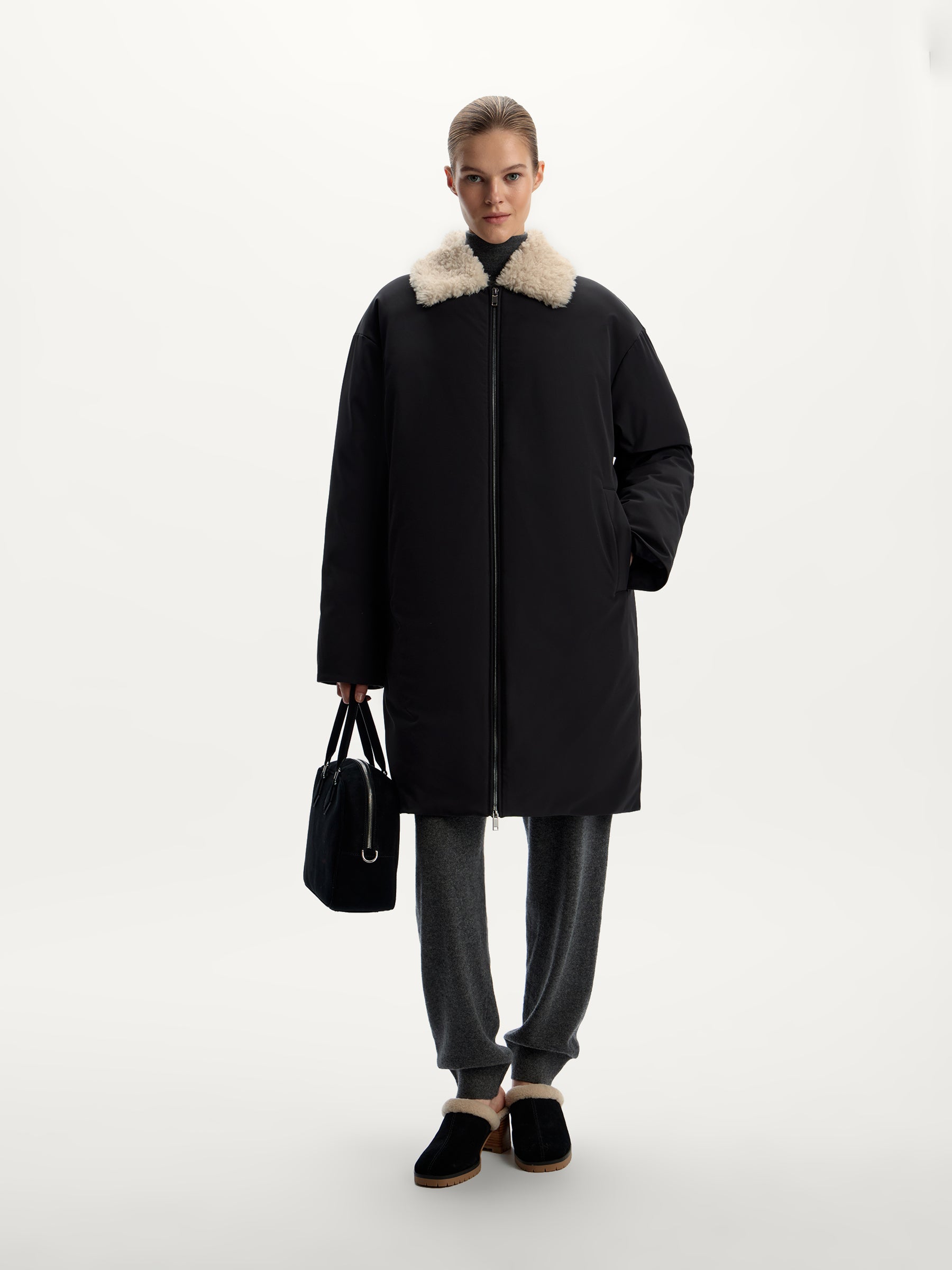 Shearling-collar down coat