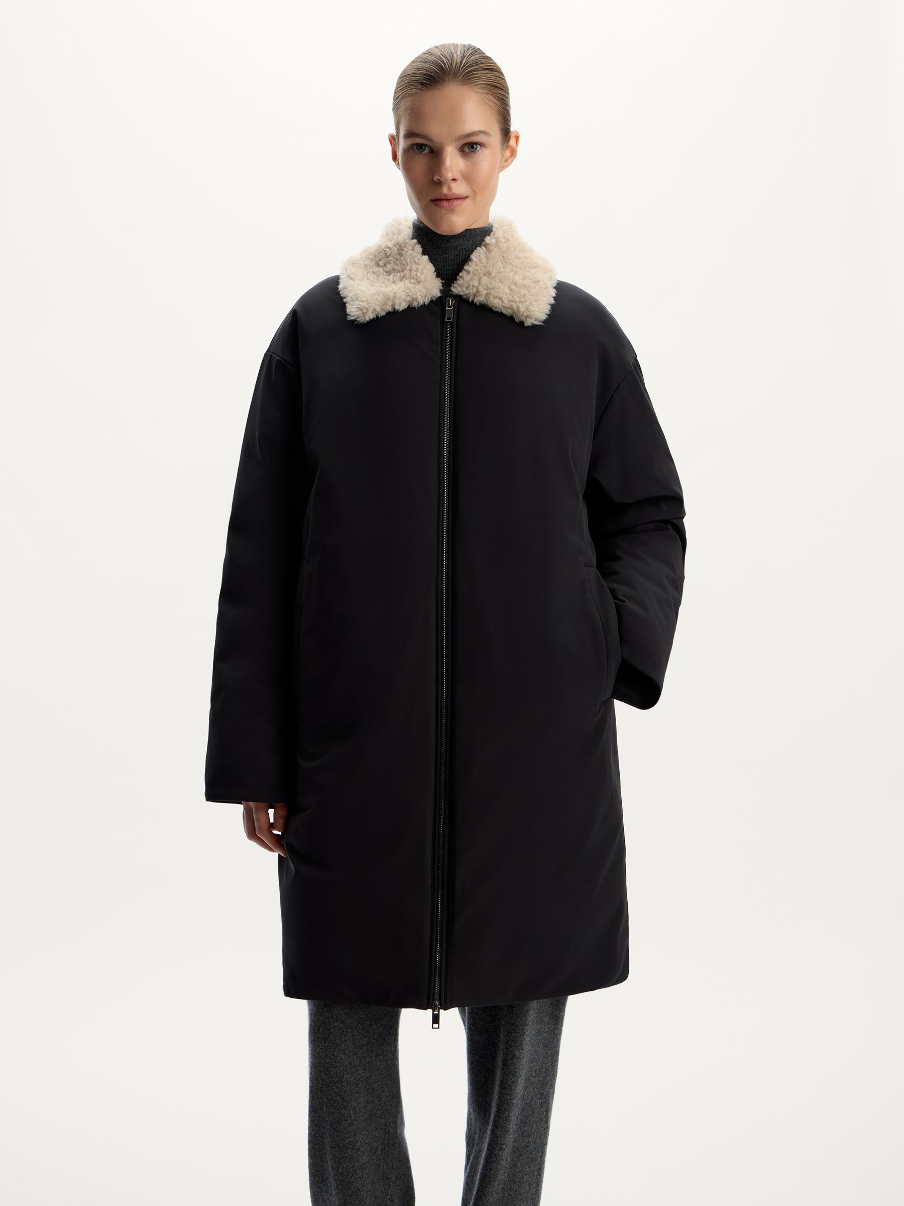 Shearling-collar down coat