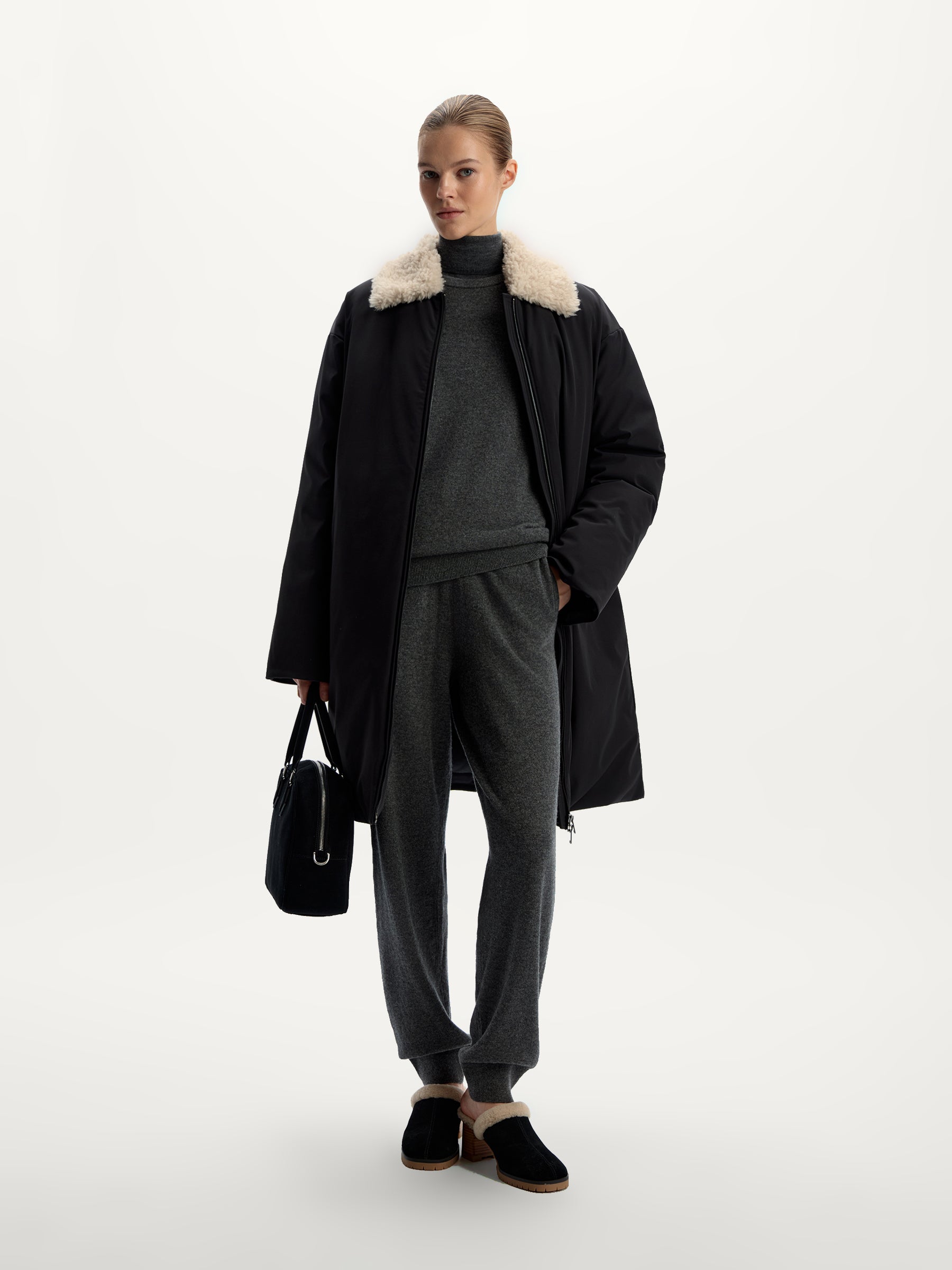 Shearling-collar down coat